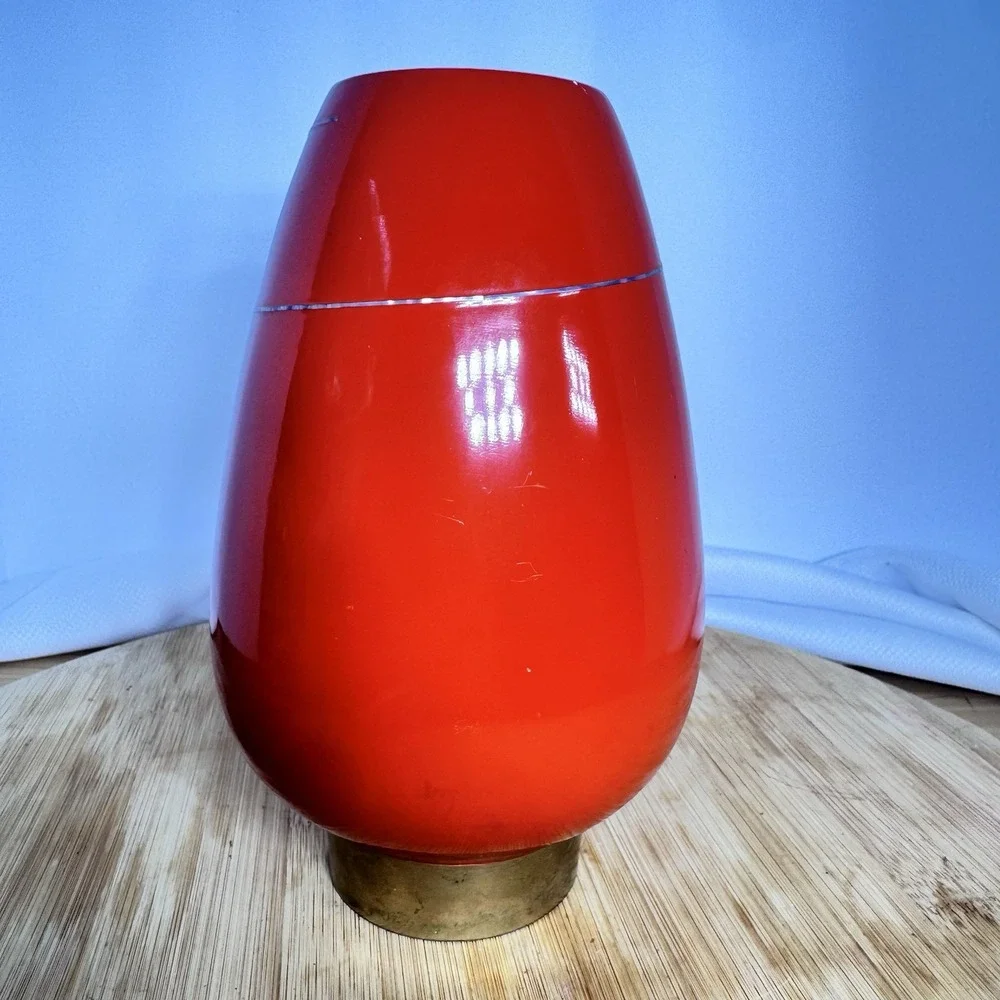 Vintage 1978 Korean Red Lacquerware Vase Asian Decor Gold Figure Brass Footed